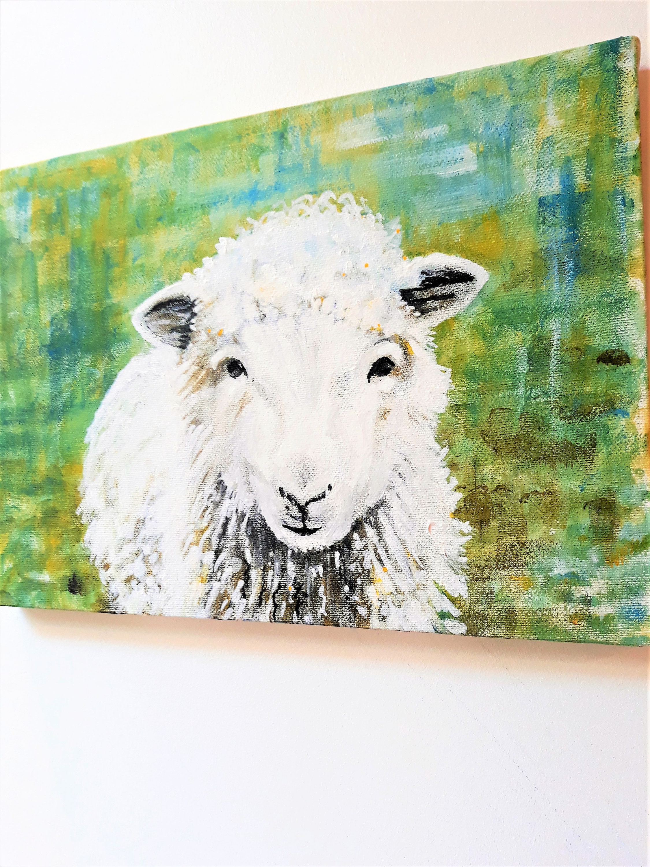 白い羊の絵画、オリジナルの動物アート、キャンバスに描かれたカラフル