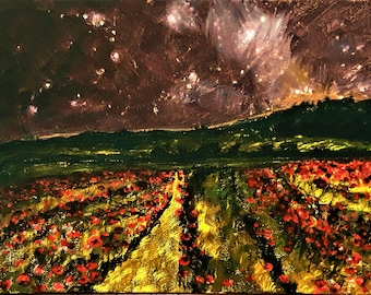 Poppies Landscape Painting, Night Scene with Stars and Sky, Acrylics on Canvas A4 size