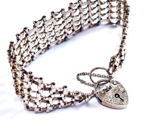 Vintage Silver Gate Bracelet, Hallmarked LC 1978, Decorative Padlock Heart Clasp, Women's 20th Century Jewellery