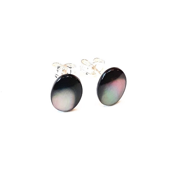 Black Lip Mother of Pearl Earrings, Small Oval Sterling Silver Studs with MOP Shell