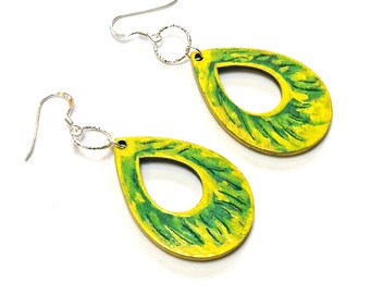 Dangle Earrings, Hand Painted Abstract Green and Yellow Wood Teardrops, Original Foliage Design with Sterling Silver, Wearable Art