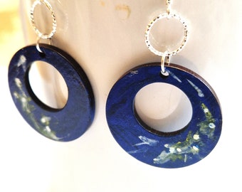 Starry Night Earrings, Hand Painted Wood and Sterling Silver, Wearable Art in Original Blue Design