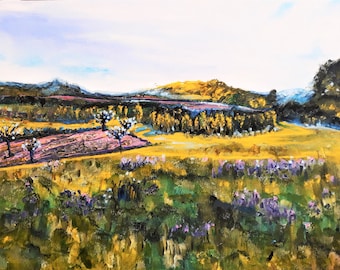 May include: A painting of a rural landscape with a field of purple wildflowers in the foreground, a line of trees in the middle ground, and rolling hills in the background.