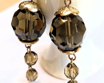 Gothic Bead Earrings Dangle Style, Large Vintage Beads, Smokey Glass, Gold Filled Hooks, Recycled Jewellery, Halloween Gift for Her