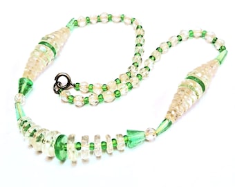 Vintage  Green Art Deco Necklace with Clear Glass Beads, Egyptian Revival, 16 Inch, 1920s / 1930s Short Necklace