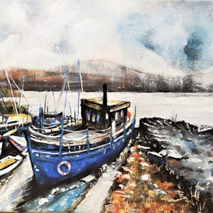 Welsh Landscape Painting with Boats and lake, Original Acrylic on Canvas