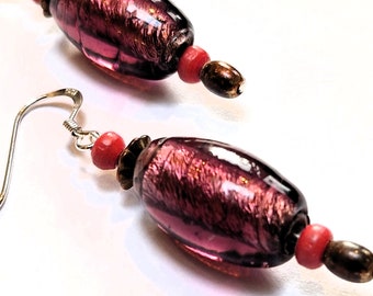 Handmade Art Deco Bead Earrings with Recycled Deep Pink Foiled Glass Beads, Sterling Silver Ear Wires, Gift for Vintage Lover