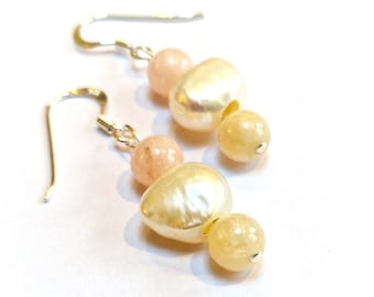 Pearl Drop Earrings with Morganite Stones, Sterling Silver Dangles, Pastel Colours, Pale Pink, Yellow, Bridal Wear, Weddings, Jewellery Gift