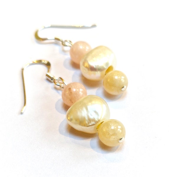 Pearl and Morganite Earrings, Pastel Colours, Dangle Style with Sterling Silver, Bridal Wear, Weddings, Feminine Jewellery Gift