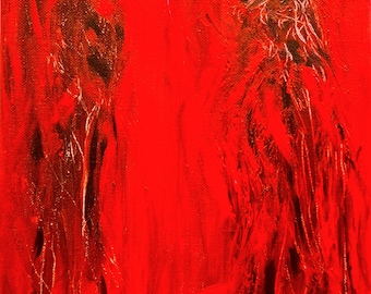 Small Abstract Painting, Bright Red Wall Art, Acrylics on Canvas 12" x 10"