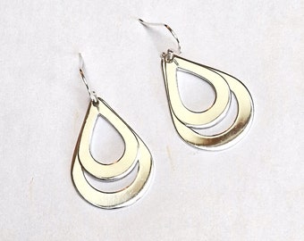 Sterling Silver Dangle Earrings, Teardrop Shaped Double Layered Drops, Shiny Boho Jewellery, Friend Gift Idea