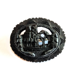 Victorian Bog Oak Abbey Brooch, Hand Carved Black Antique Pin, 4.5cm, Original 19th Century Irish Jewellery
