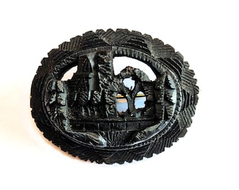 Victorian Bog Oak Abbey Brooch, Hand Carved Black Antique Pin, 4.5cm, Original 19th Century Irish Jewellery