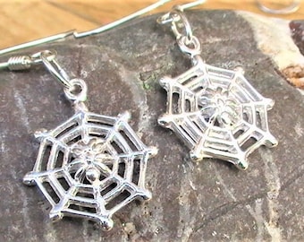 Spider Earrings, Sterling Silver Cobwebs and Tiny Spider, Halloween Jewellery, Geek Gift