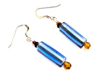 Cylinder Earrings, Ice Blue Jewelry with Recycled Art Deco Glass Beads, Tubes and Tiny Vintage Beads, Sterling Silver Ear Wires, Summer Gift