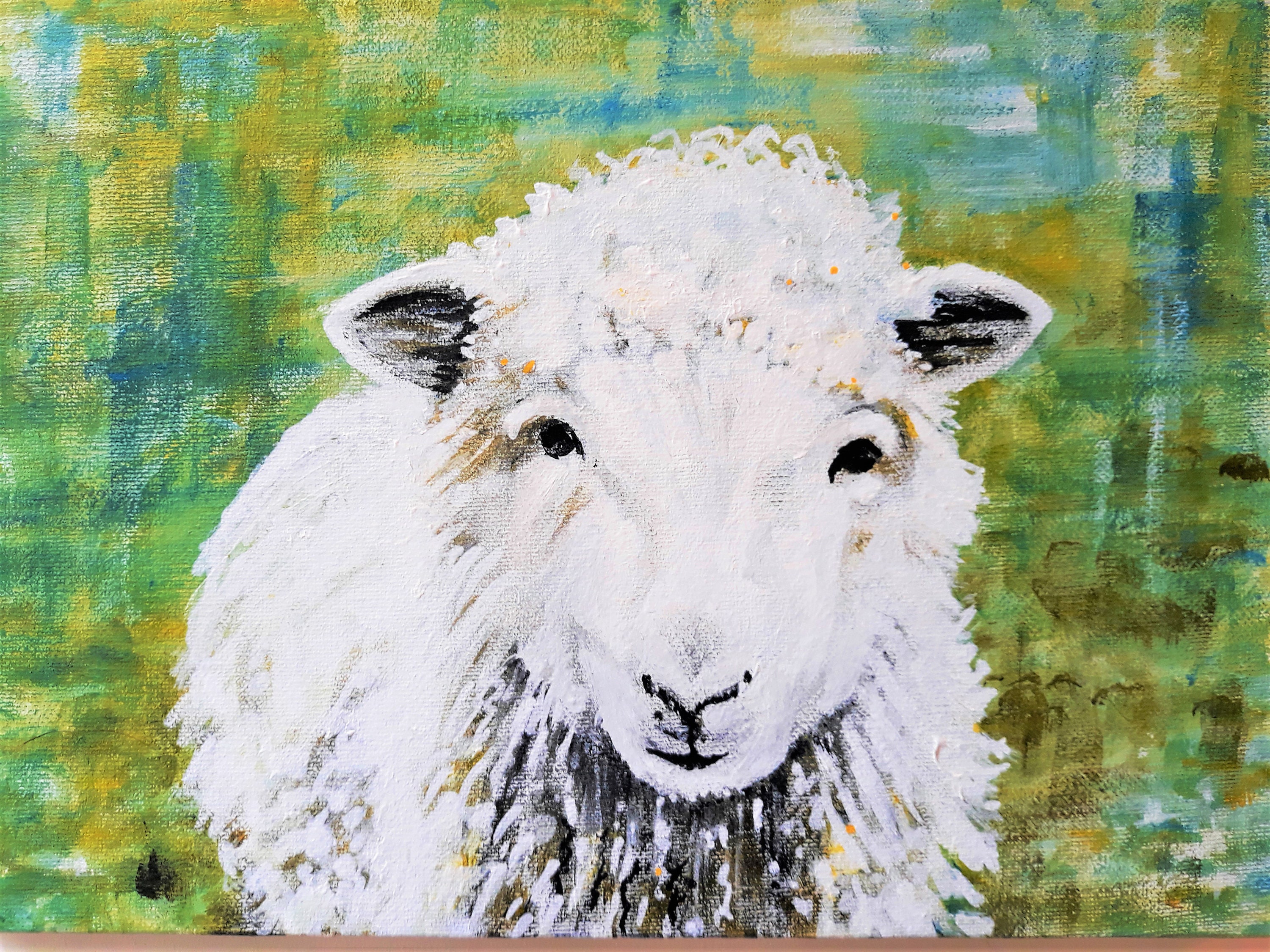 白い羊の絵画、オリジナルの動物アート、キャンバスに描かれたカラフル