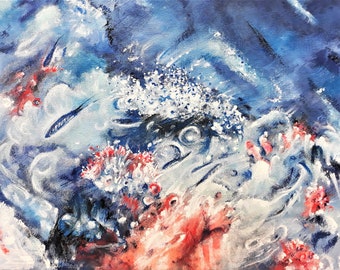 Undersea Painting, Abstract Sealife Blue Ocean Art, Original Acrylic on Canvas, Unframed, 40 x 30cm
