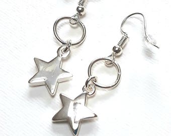 Silver Star Earrings with Dangly Hoops, Shiny Celestial Jewellery, Gift for Teens, Adults