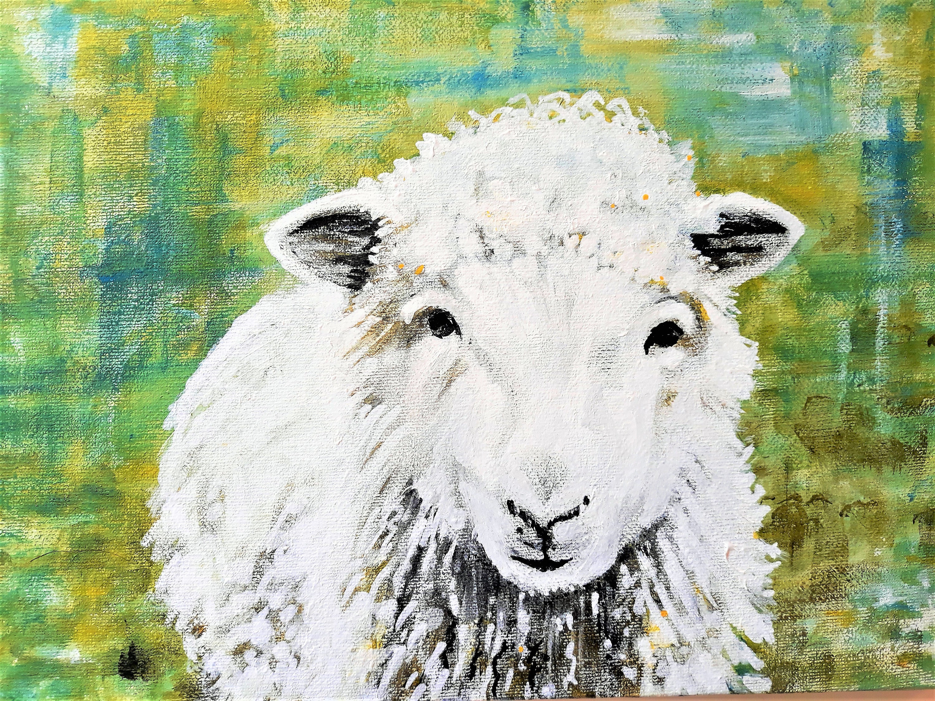 白い羊の絵画、オリジナルの動物アート、キャンバスに描かれたカラフル
