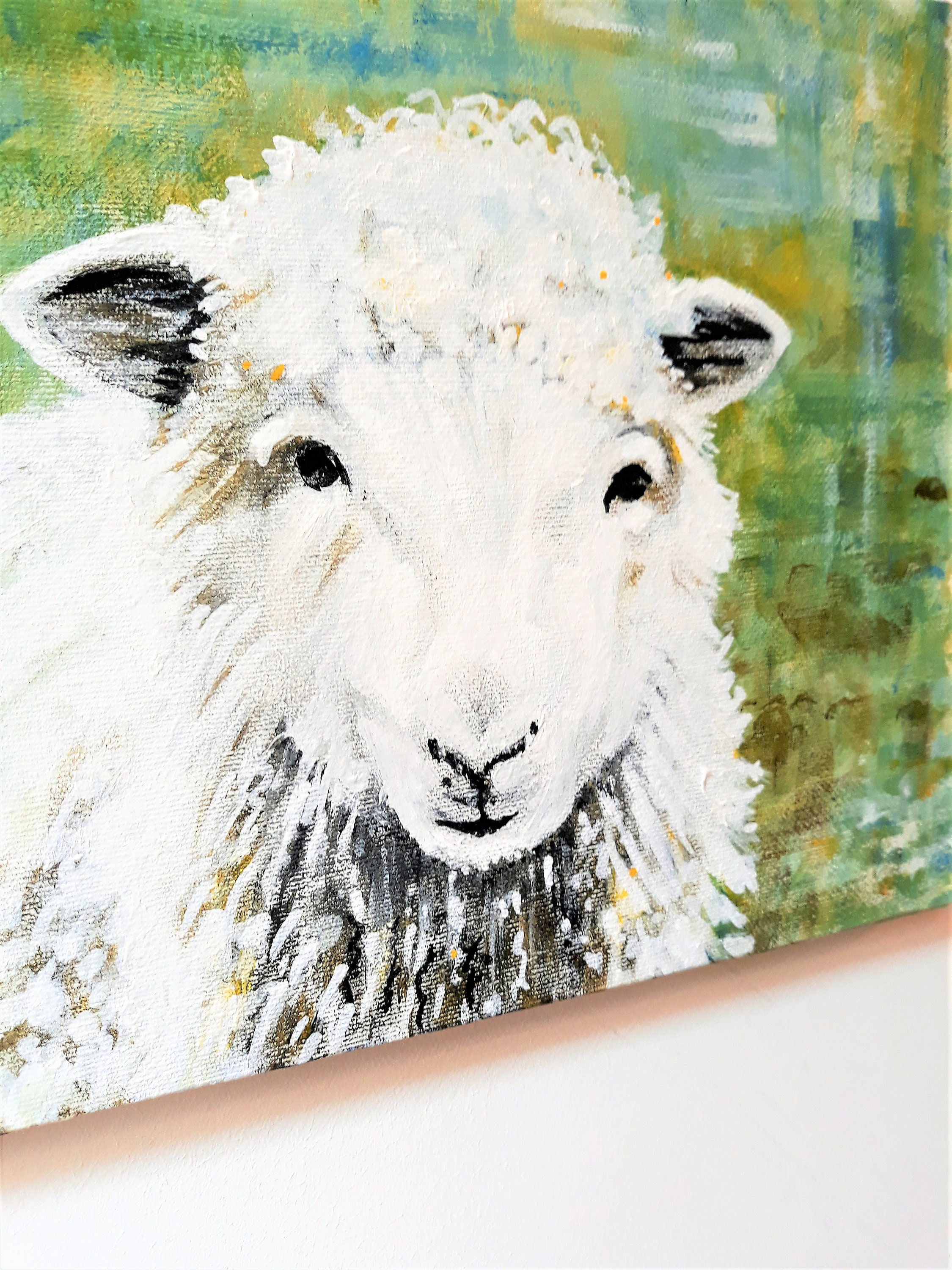 白い羊の絵画、オリジナルの動物アート、キャンバスに描かれたカラフル