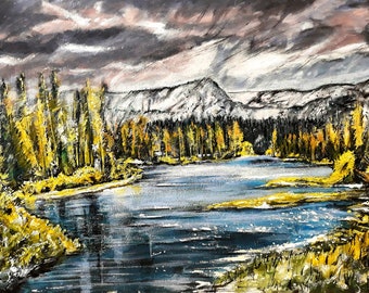 Moody Landscape with Lake, Mountains and Forest, Bold Acrylic Paintng on Canvas