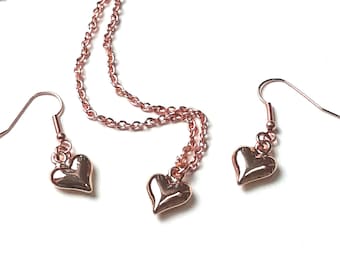 Valentine Jewelry Set, Rose Gold Heart Necklace and Earrings, Wedding, Bridal Jewellery Gift for Her