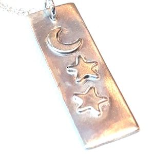 Mond und Sterne Anhänger, Handgefertigte, Rechteckige Massive 925 Sterling Silber Halskette mit Kette