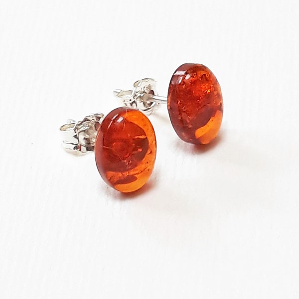 Amber Stud Earrings, Small Oval Sterling Silver Orange Studs