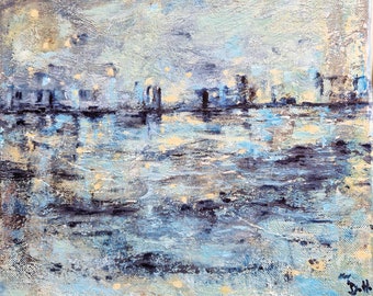 Abstract Landscape Painting, with Cityscape and Water, 10" x 12" Canvas, Impressionist Acrylics, Art Gift in Blue, Yellow, Mauve