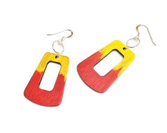 Red and Yellow Hand Painted Wood Earrings, Original Abstract Design with Sterling Silver, Colourful Wearable Art