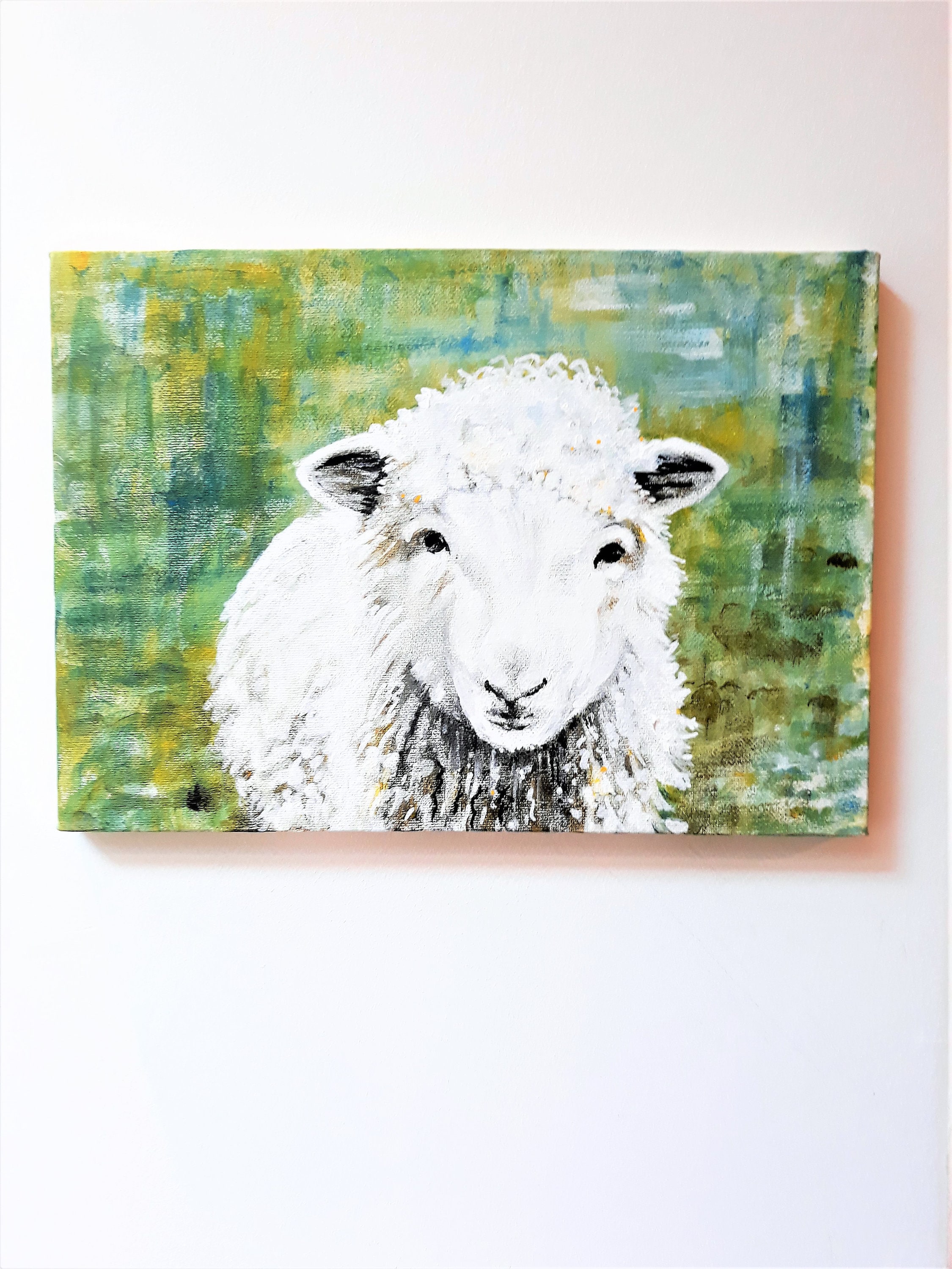 白い羊の絵画、オリジナルの動物アート、キャンバスに描かれたカラフル
