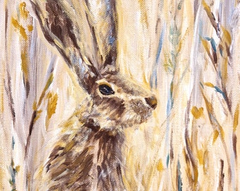 Hare Painting, Spring Animals, Original British Wildlife Art, Acrylics on Canvas 12" x 10" Easter Gift Idea