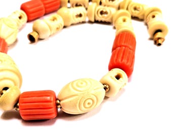 Vintage Early Plastic Necklace, Galalith Beads, Salmon Pink and Cream, Short 15.5 Inch, Integral Screw Clasp, Art Deco Gift for Girlfriend