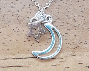 Star and Moon Necklace, Sterling Silver Crescent Moon with Tiny Star, Celestial Pendant on Chain