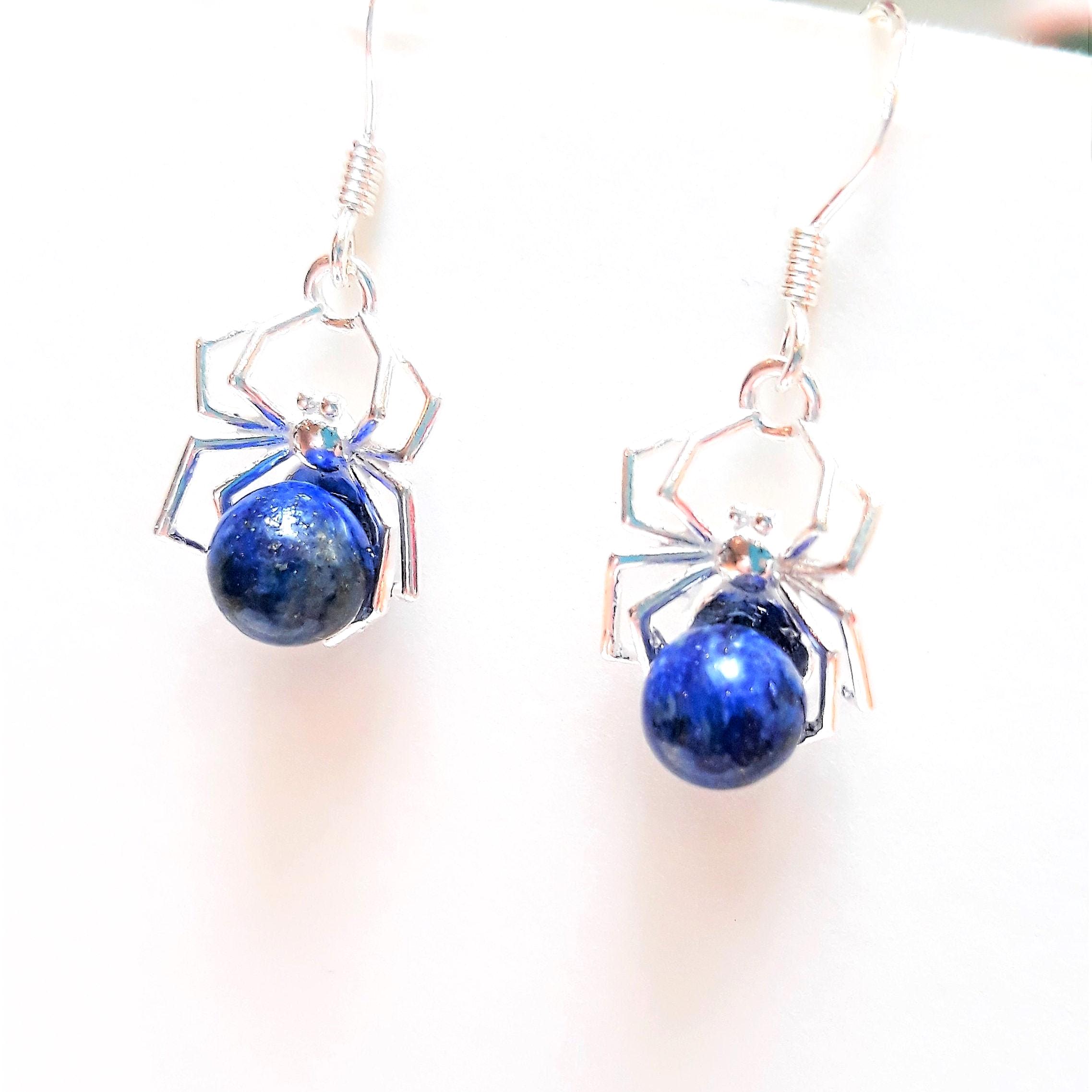 ラピスラズリのスパイダードロップイヤリング、ラウンドブルー ラピスラズリのスパイダードロップイヤリング、ラウンドブルー