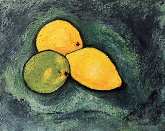 Fruit Still Life Painting with Lemons and Lime, Original Contemporary Style, Acrylics on Canvas, 8" x "10 / 20 x 25cm