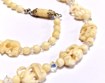 Vintage Elephant Necklace with Hand Carved Beads and Glass Bicones, 24 Inch, with Integrated Clasp, Unusual Rare Gift for Friend, Mother