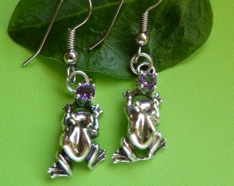Sterling Silver Frog Earrings-Amethyst Gemstone-February Birthstone-Dangle Earrings