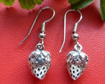 Sterling Silver Strawberry Earrings-Dangle Earrings