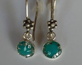 Sterling Silver Turquoise Earrings-Dangle Earrings-Flower-French Earwires-Handmade-Delicate-10mm Sterling Bezel-Resin-Unique-Dainty
