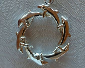 Circle of SIx Dolphins Pendant-Sterling Silver-Three Dimensional-Solid-Beautiful-Handmade