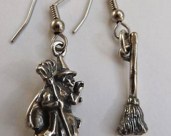 Sterling Silver Witch and Brooomstick Halloween Earrings