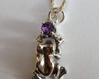 Sterling Silver Frog Necklace with 6mm Round Amethyst, Blue Topaz, Red Garnet, Green Peridot, or Golden Citrine  Birthstone