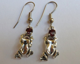 Sterling Silver Frog Earrings with Red Garnet Stone
