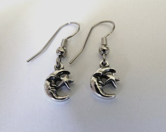 Sterling Silver Small Moon and Star Earrings