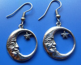 Sterling Silver Moon and Star Earrings-Man in the Moon-Dangle Earrings