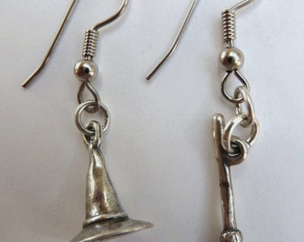 Sterling Silver Halloween Witch's Hat and Broomstick Halloween Earrings