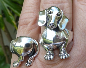 Front End of Dachshund Ring and Back End of Dachshund Ring Worn Side by Side Two Rings Make One Adorable Sterling Silver Doxie