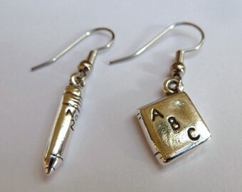 Sterling Silver Number Two Pencil and ABC Book Earrings