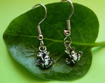 Sterling Silver Frog Earrings-Small Frog Earrings-Dangle Earrings